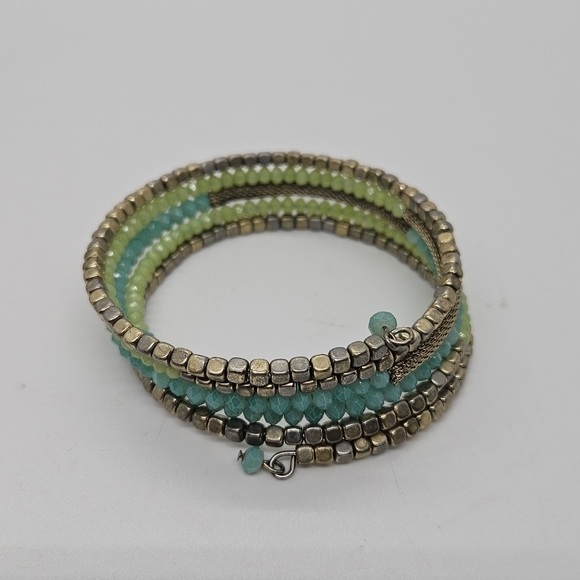 beaded coil wrap bracelet gold tone blue and green - Picture 3 of 3